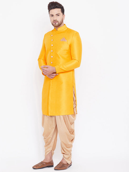 Vastramay Men's Mustard And Rose Gold Silk Blend Sherwani Set
